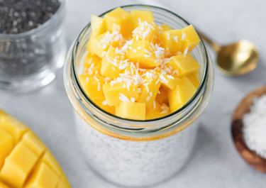 Chia Pudding with Cream Cheese, Mango and Coconut Chips