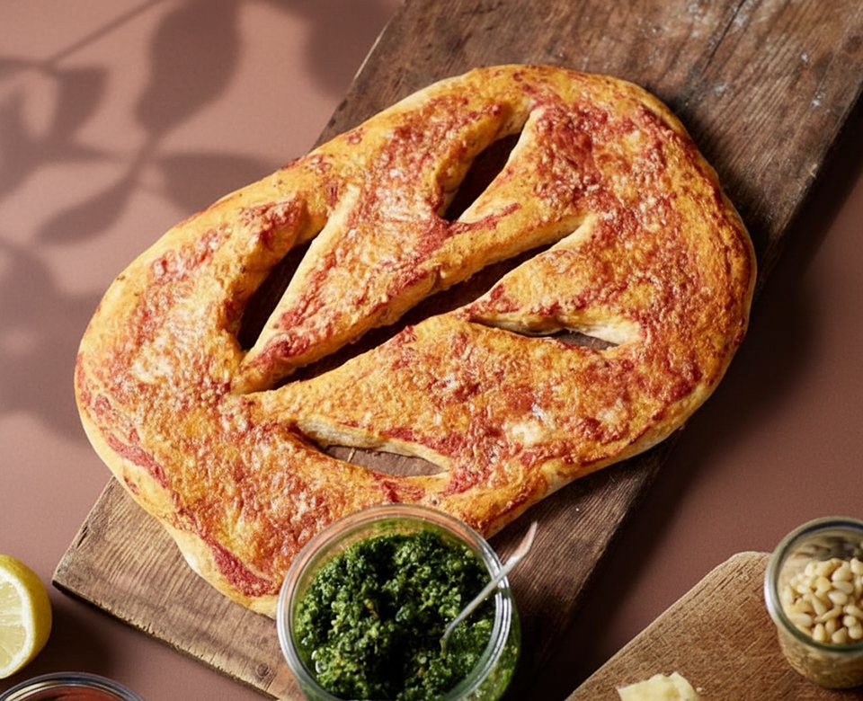 Fougasse bread with kale pesto