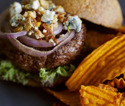 Fig and Blue Burger with Ranch Beef, Grilled Onions and Aioli