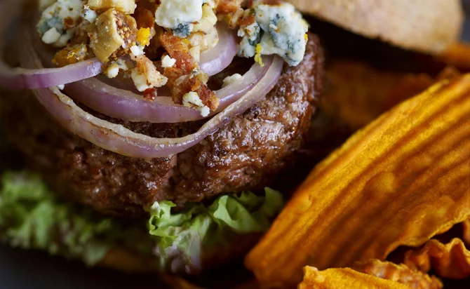 Fig and Blue Burger with Ranch Beef, Grilled Onions and Aioli