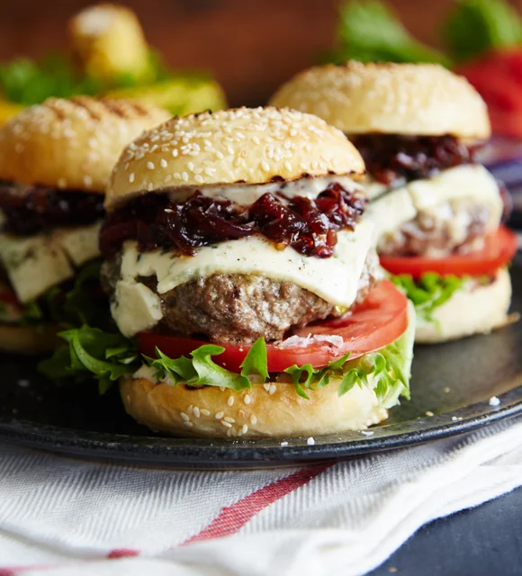Blue Cheese sliders with red onion-strawberry relish