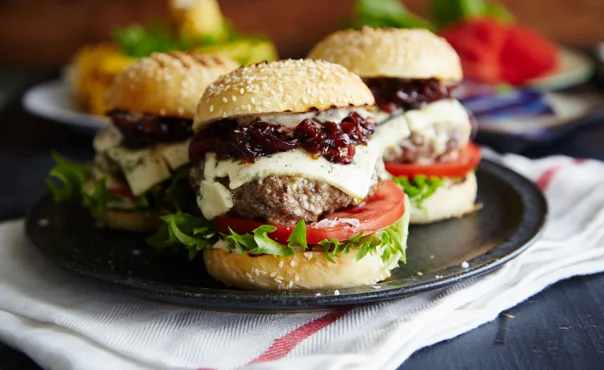 Sliders with Blue Cheese & Red Onion-Strawberry Relish