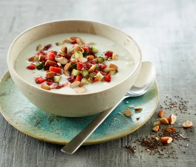 Yoghurt with elderflower, chia seeds, strawberries & cucumber
