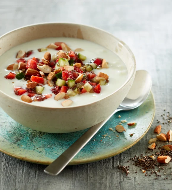 Yoghurt with elderflower, chia seeds, strawberries & cucumber