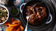 Pulled pork med rostad pumpa och röd bönröra