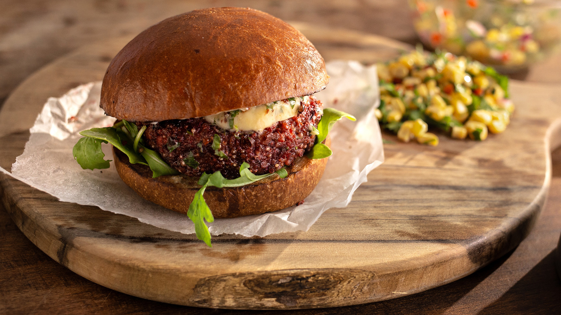 Beetroot, Quinoa And Black Bean Burger With Chipotle Butter And Sweet Corn Salsa