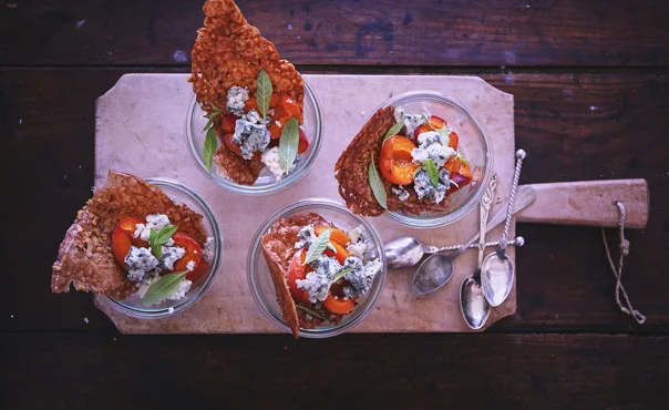 Baked apricots with blue cheese and walnuts tuiles