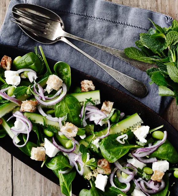 Frischer Spinatsalat mit Minze und Feta