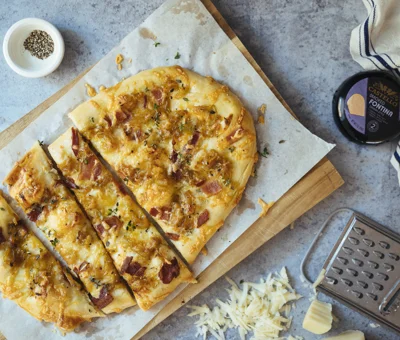Smoked Fontina Pizza with Caramelized Onions and Bacon