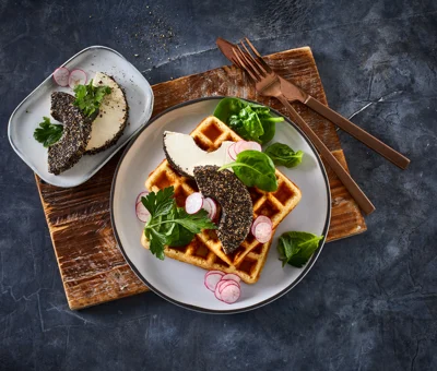 SAVOURY WAFFLES WITH BLACK PEPPER CREAM CHEESE