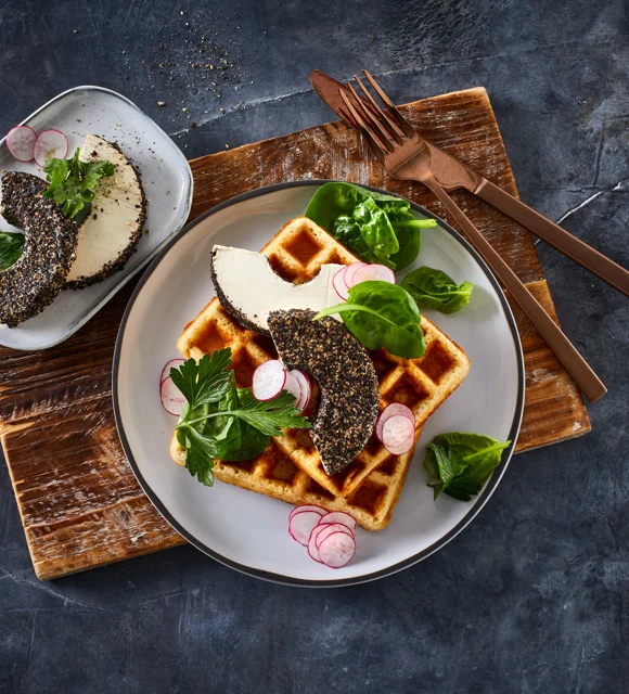 SAVOURY WAFFLES WITH BLACK PEPPER CREAM CHEESE