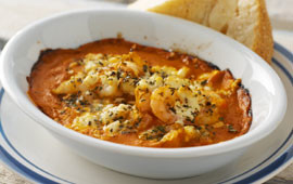 Gratinoituja katkarapuja tomaattikastikkeessa