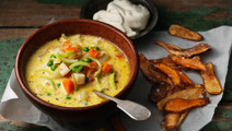 Vegetable soup with potato peel crisps 