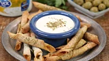 Mini zaatar bites with cheddar cream cheese dip