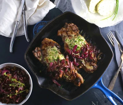 Grilled steak with Blue Cheese and chive compound butter