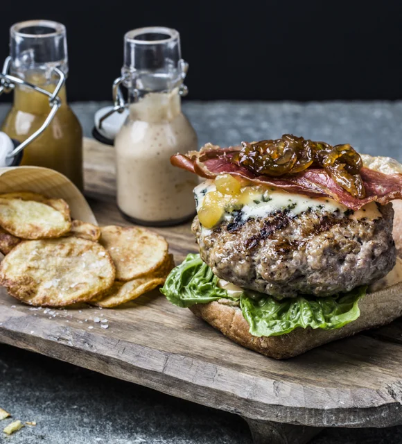 Ultimate gourmet burger with  pork, blue cheese and apple