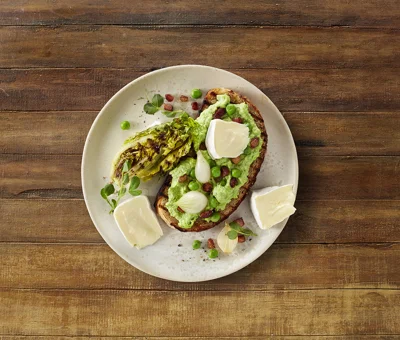 Double Cream Brie with grilled lettuce, pea puree, bacon and onions