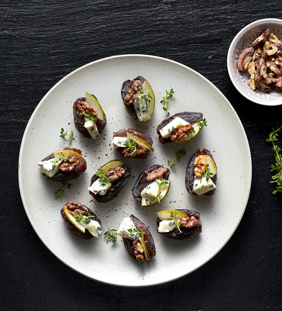 Stuffed dates with Creamy Blue, walnuts and pear
