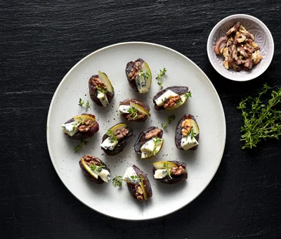Stuffed dates with Double Crème Blue, walnuts and pear