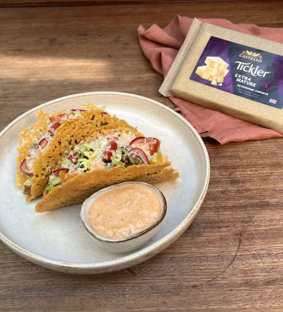 Cheeseburger Tacos with Pickled Onions and Castello® Tickler Extra Mature Cheddar
