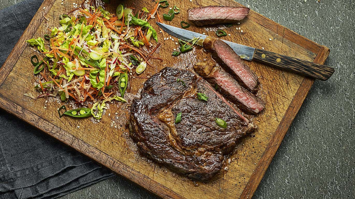 RIB EYE STEAK WITH ASIAN COLESLAW