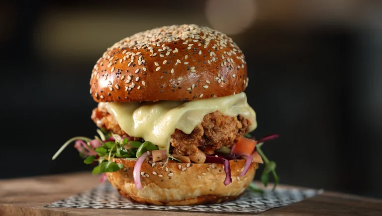 Korean Fried Chicken Thigh Burger With Firecracker Mayonnaise, Pickled Cabbage Slaw & Mild Cheddar Cheese