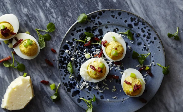 Deviled eggs with Cheddar or Blue Cheese