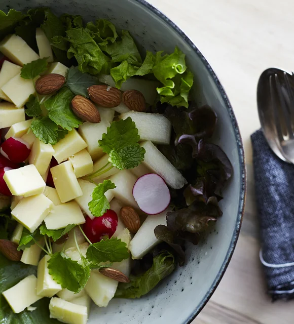 Summer salad with cheddar, melon and radishes