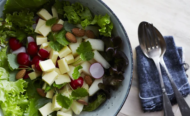 Summer salad with cheddar, melon and radishes