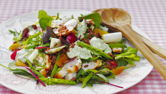 Sallad med primörer, råris och rucolakräm