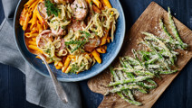 Pasta med mørbrad og sprøde bønnefritter
