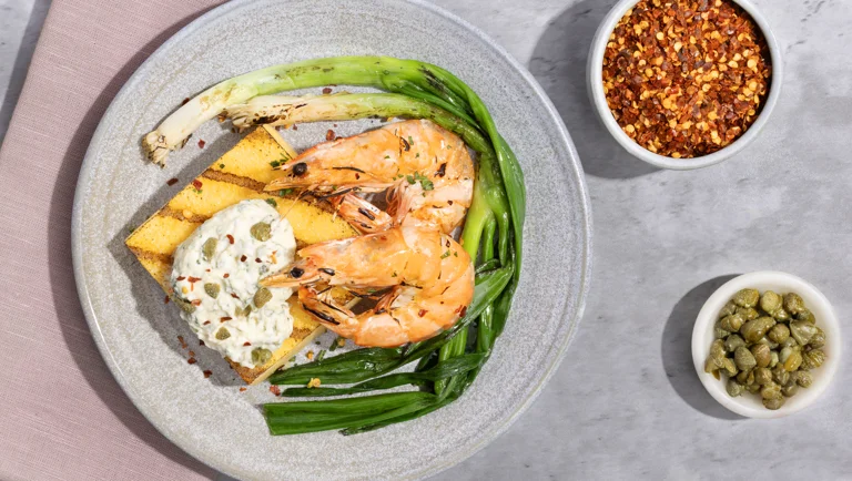 Grilled Polenta with Mascarpone Cream & Spot Prawns