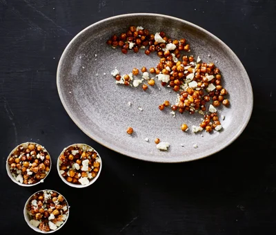 Roasted chickpeas with Traditional Danish Blue and cocoa