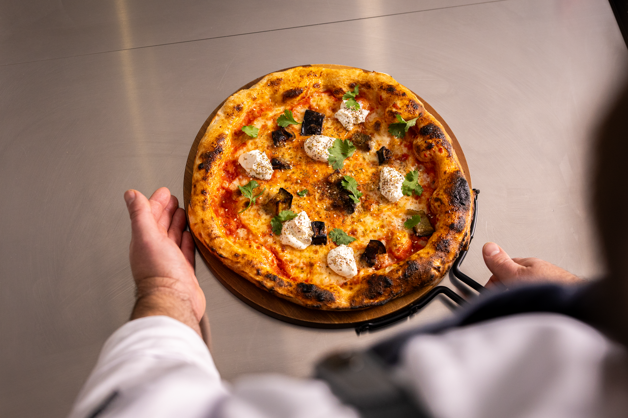 Labneh, Roasted Aubergine, Za’atar & Chilli Honey (Poolish Dough)