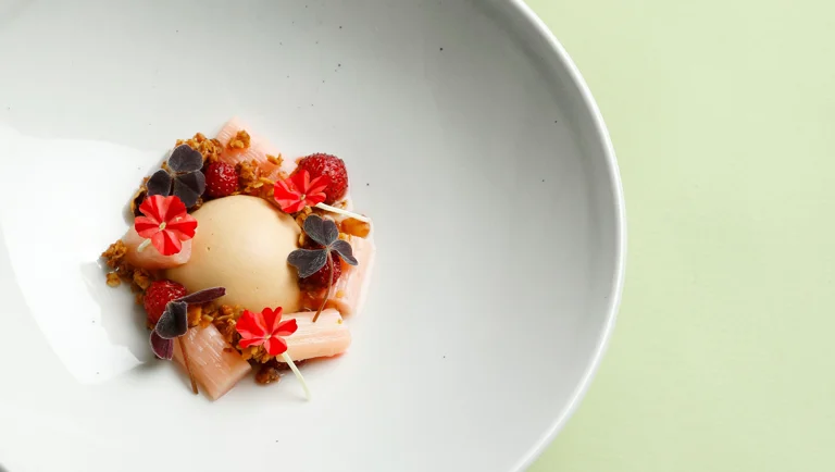 Pralinemoussea, granolaa ja haudutettua raparperia