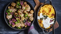 Gylden kartoffelmos og grillede mørbradbøffer