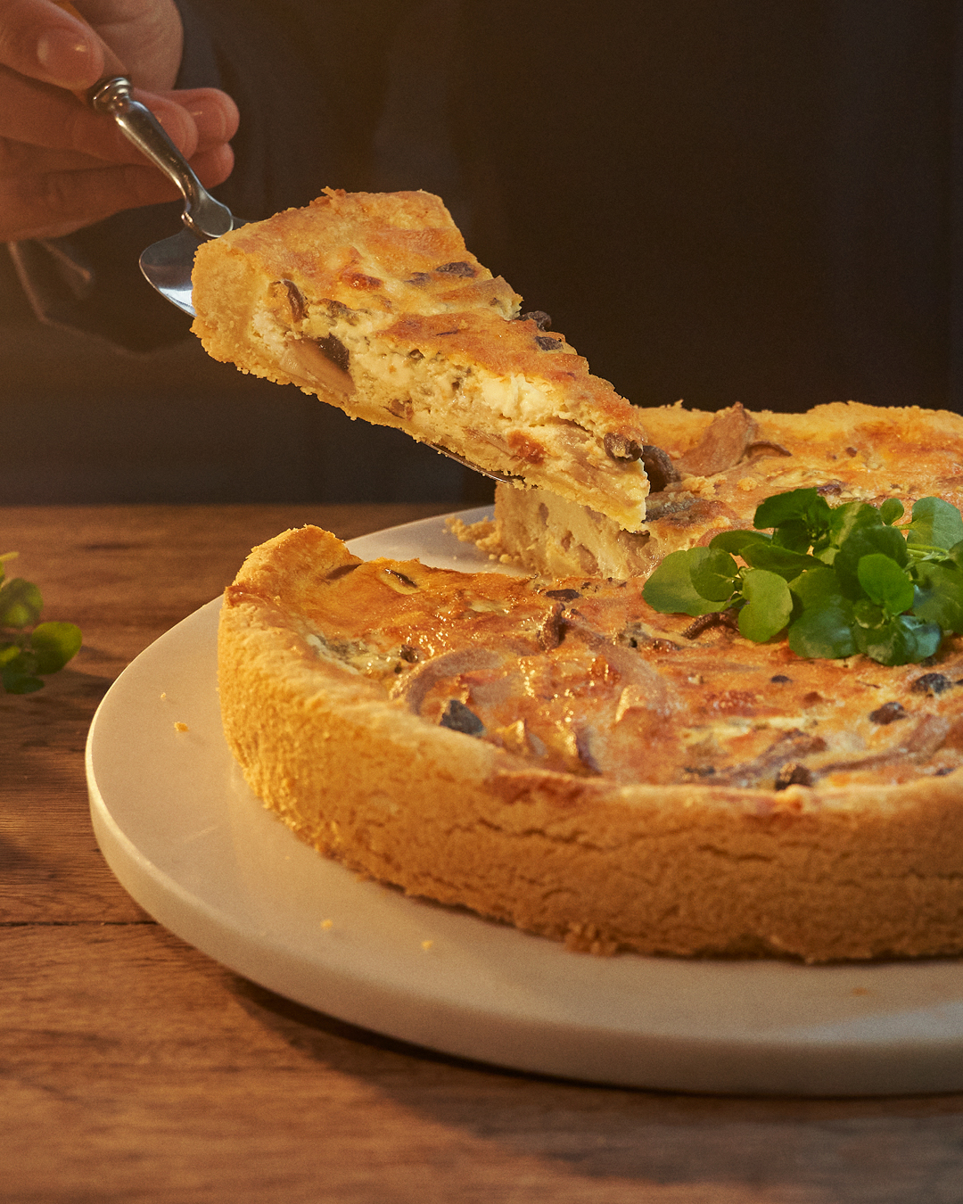Quiche met blauwe kaas en bospaddenstoelen