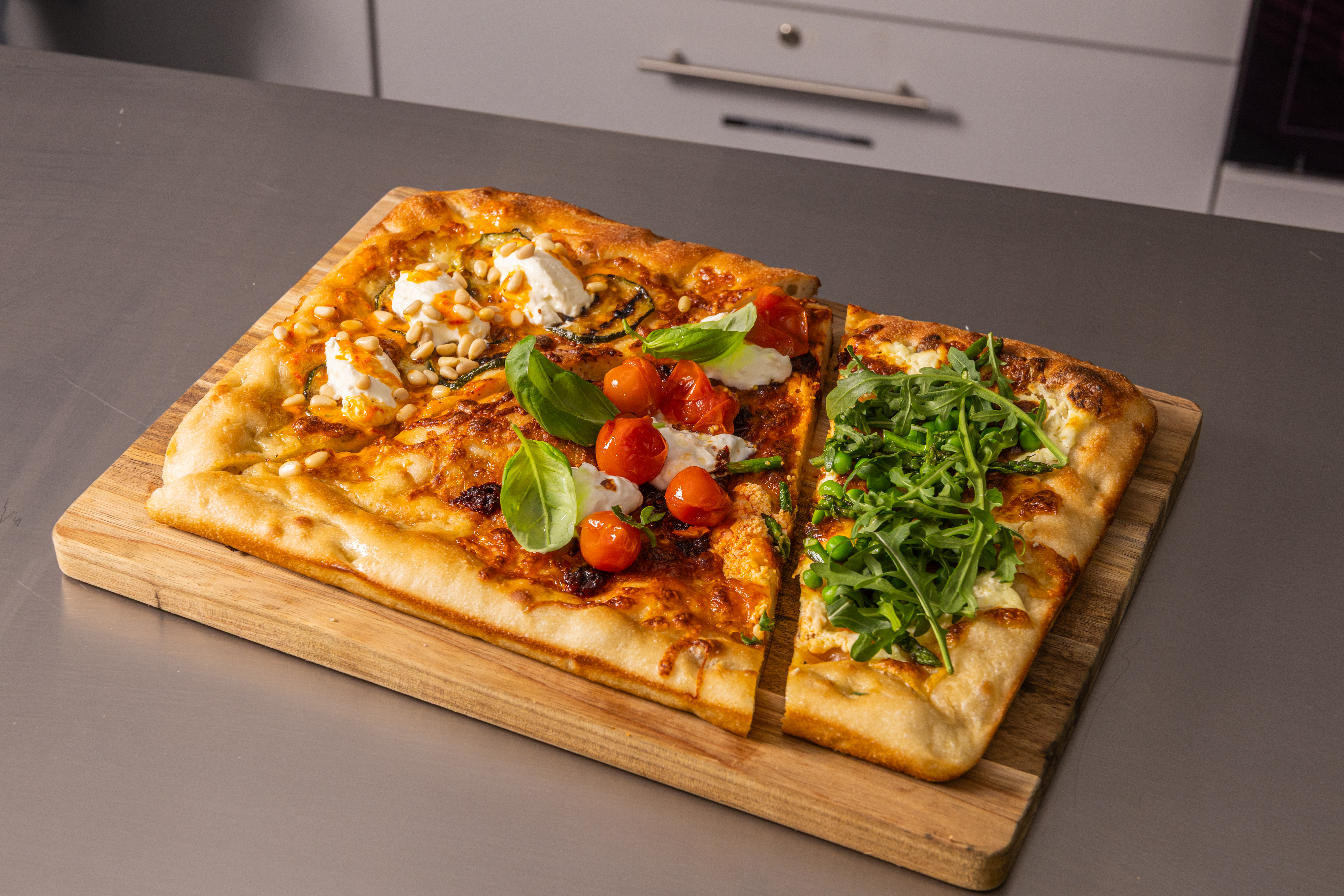 Detroit-Style Trio Pizza: Spring Garden, Swicy Stracciatella & N’duja & Charred Courgette