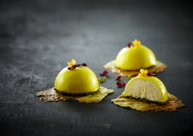 Lemon mousse with glaze and pistachio tuile
