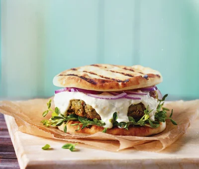 Falafel Burger with Castello® Greek Style cheese and Yoghurt Sauce