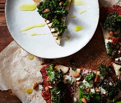 Beetroot Pizza with Pear, Blue Cheese and Curly Kale