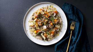 Kornotto med butternutpumpa och ljummen tryffelvinägrett