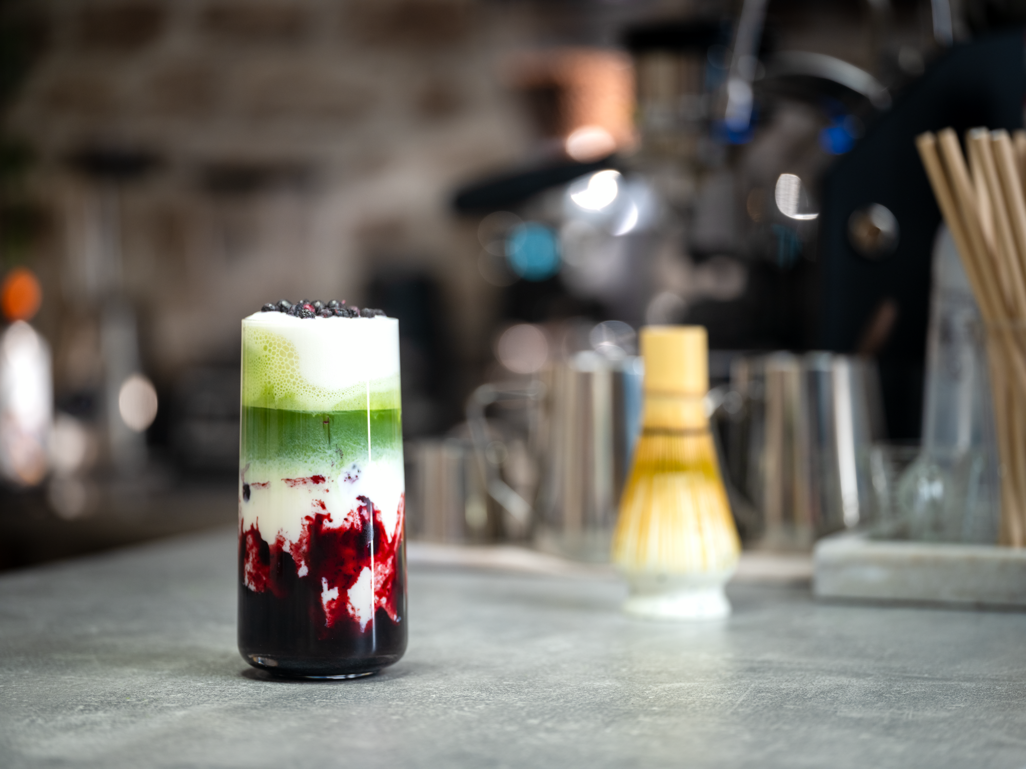 Blueberry-lavender iced matcha latte