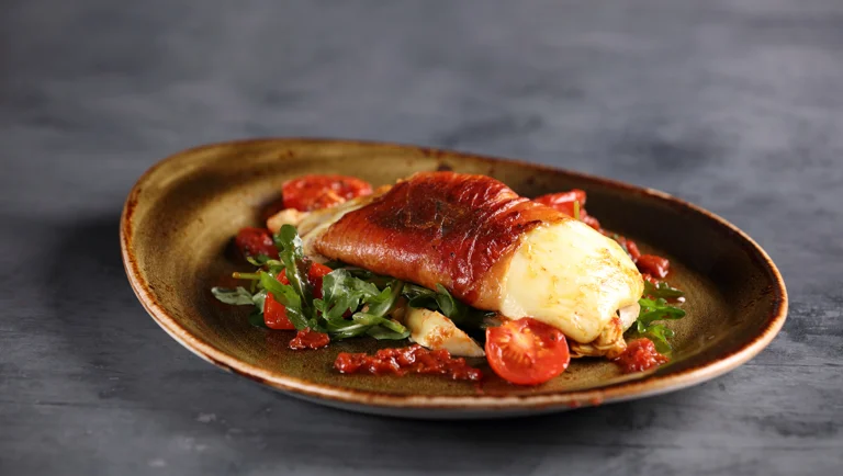 Mozzarella Saltimbocca with Fennel Salad and Tomato Sauce