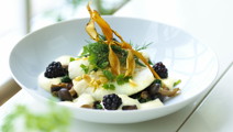 Bagt hellefisk toppet med sprøde skorzonerrødder og sauce mousseline