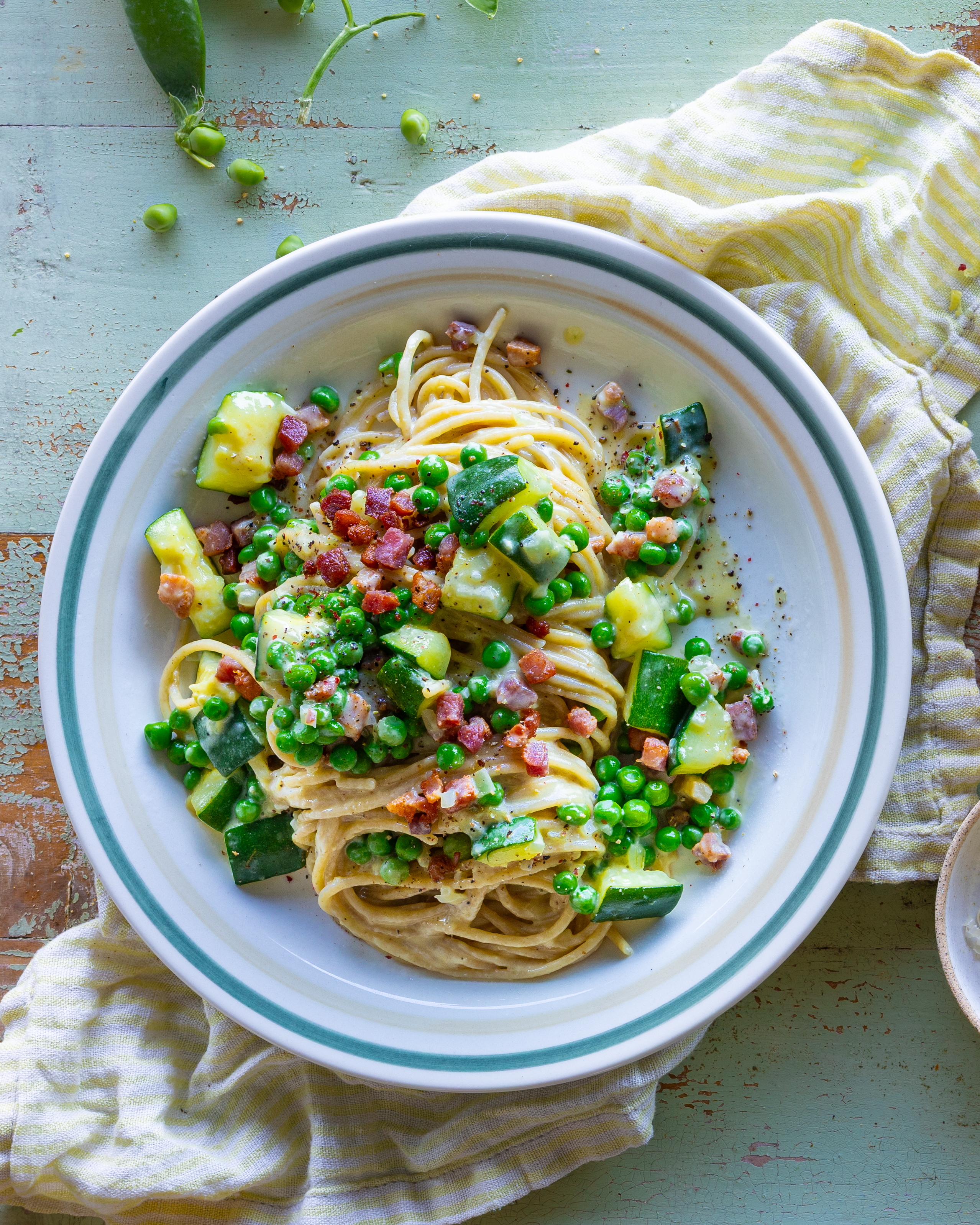 Spaghetti carbonara med mere grønt