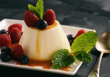 Whipped Chocolate Panna Cotta with Pomegranate Seeds and Crushed Almonds