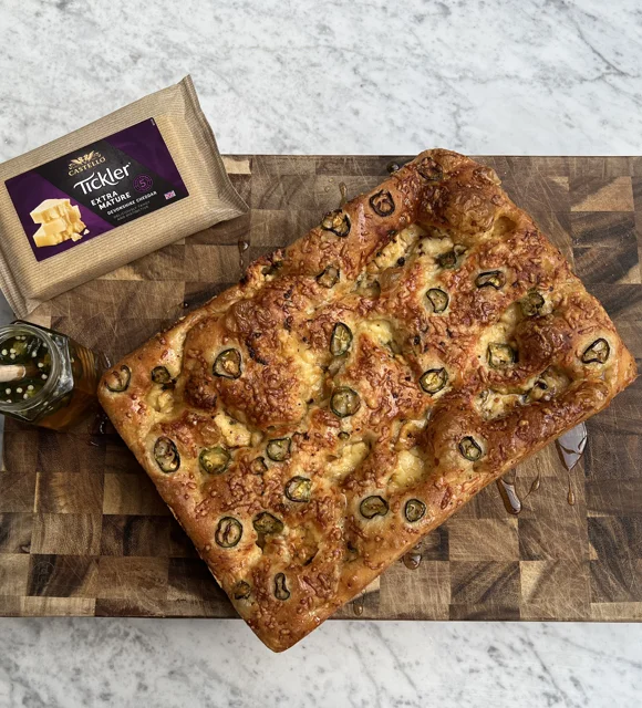 Focaccia with Castello® Tickler Extra Mature Cheddar and  Jalapeño Honey