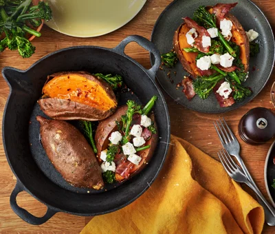 Sweet Potatoes stuffed with Castello® Greek Style Cheese, Bacon and Brocolli