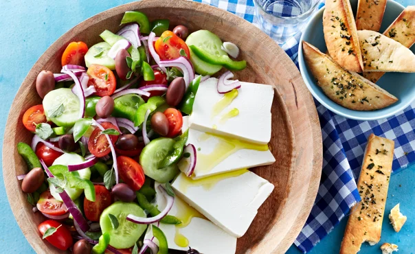 Greek-style cheese salad with kalamata olives and oregano